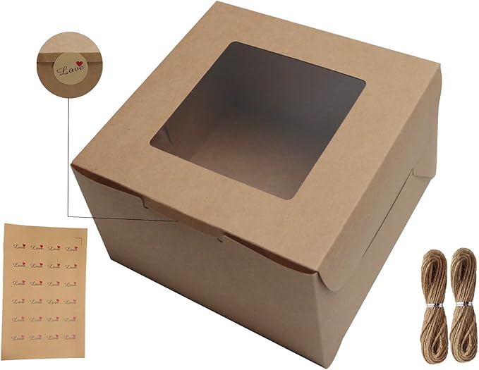 10Packs 8x8x5 Inches Brown Kraft Cake Boxes with Window, Gift Packing, Bakery Boxes, Dessert, Pastry, Cupcake, Pie Cookies, With Stickers,66 FT Twine