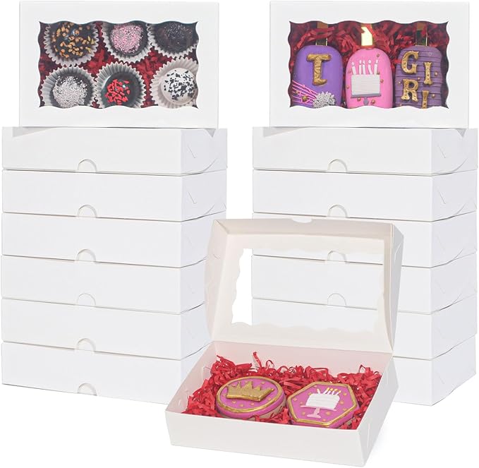 RomanticBaking 100 Pack White 7 x 4 3/8 x 1 1/2inches Cookies Boxes with Window Christmas Bakery Packaging for Macaron Treat Boxes Chocolate Truffle