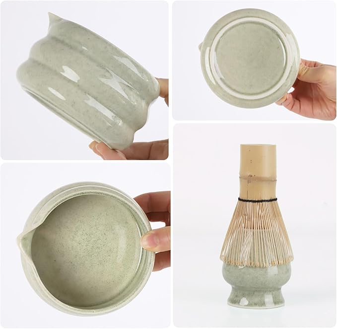 Matcha Whisk Set Mottled Green, Ceramic Matcha Kit Set Christmas Gift Includes Matcha Bowl, Matcha Whisk and Holder, Bamboo Scoop, Scoop Rest, Sifter and Tea Towel - 7 Pcs Matcha Kit for Lovers