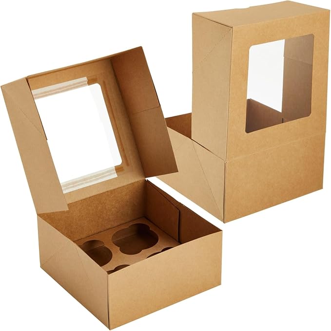 Juvale Cupcake Boxes - Clear Window Display - Easy Assembly for Muffin Packaging - Food Grade Cupcake Containers - Pack of 24, 6-Count, Brown Paperboard, 9.4 x 6.2 x 2.9 in