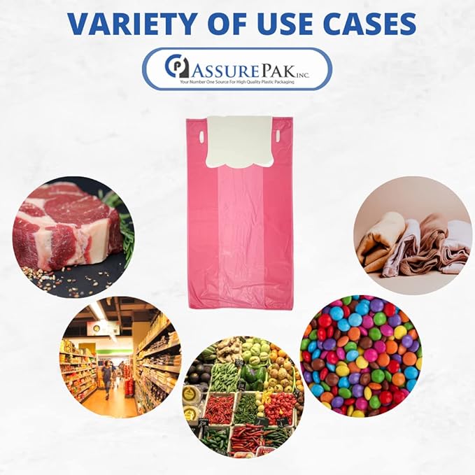 ASSUREPAK Pink HDPE T-Shirt Plastic Bags for Retail, Groceries, Merchandise, Convenience Store, Supermarket, Restaurant - 1/6 BBL, 11.5"X6"X21" - Pack of 1000 Bags, 13 Microns - Unprinted (Pink)