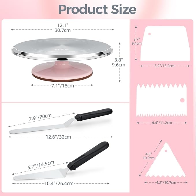 Ohuhu Cake Turntable, Aluminium 12'' Cake Decorating Kit Supplies Rotating Stand Revolving Spinner with 2 Icing Spatula 3 Comb Smoother Christmas Gifts