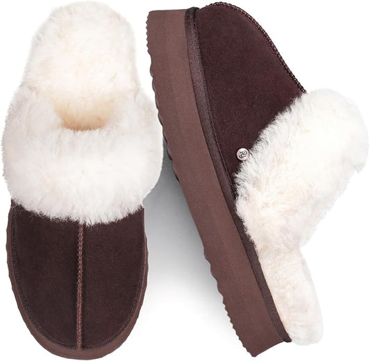 Parfeying Women's Sheepskin House Slippers Indoor Outdoor Shearling Shoes for Women