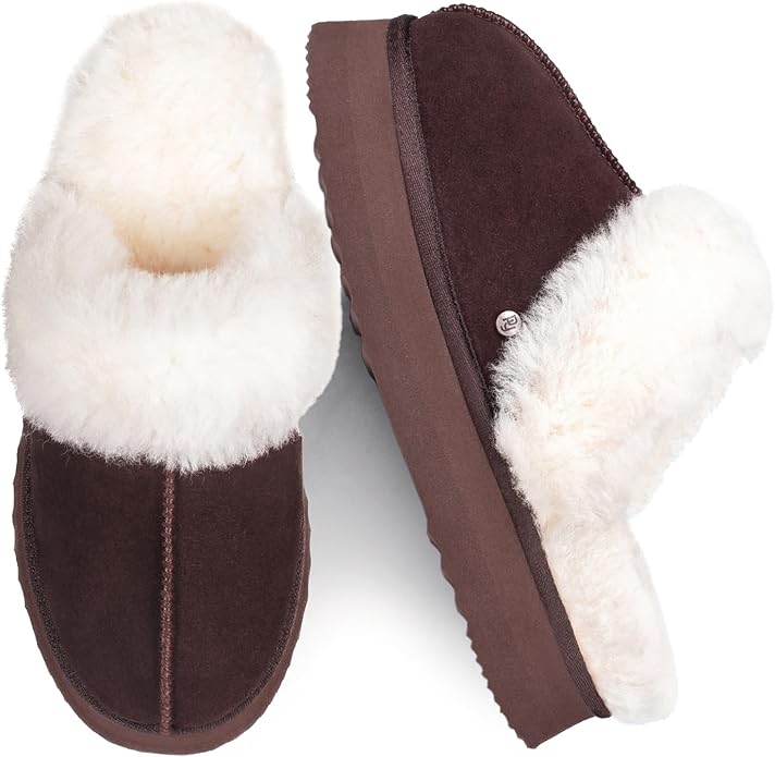 Parfeying Women's Sheepskin House Slippers Indoor Outdoor Shearling Shoes for Women