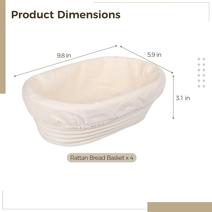 4 PCS Rattan Bread Proofing Baskets, Oval Shaped with Cloth Covers, Ideal for Sourdough, Home and Restaurant Baking, 9.8 x 5.9 x 3.1 Inches, Quality and Easy to Clean
