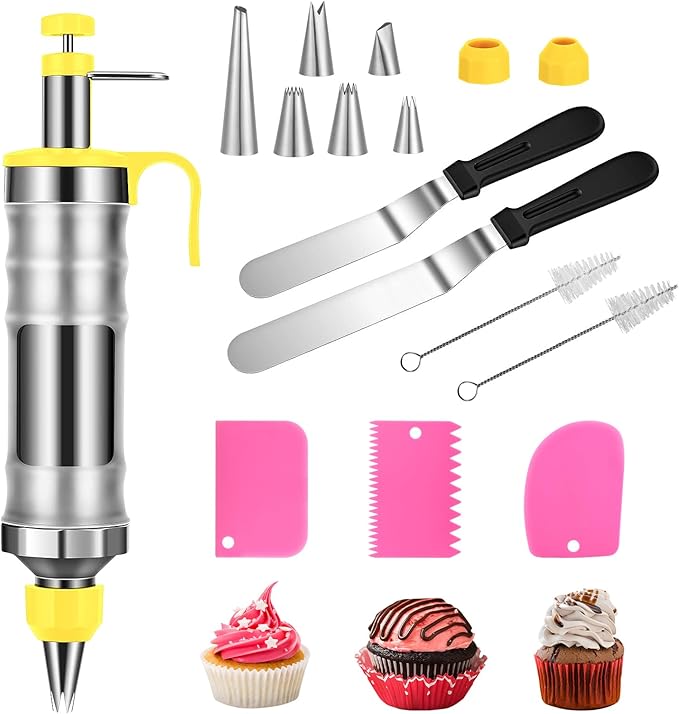 Icing Decoration Gun Set, Stainless Steel Dessert Decorating Syringe Set, Cupcake Frosting Filling Injector with 6 Icing Nozzles, 3 Cream Scraper, 2 Offset Spatula, 2 Nozzle Brush for Kitchen Baking