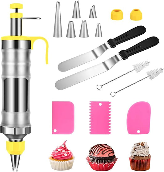 Icing Decoration Gun Set, Stainless Steel Dessert Decorating Syringe Set, Cupcake Frosting Filling Injector with 6 Icing Nozzles, 3 Cream Scraper, 2 Offset Spatula, 2 Nozzle Brush for Kitchen Baking