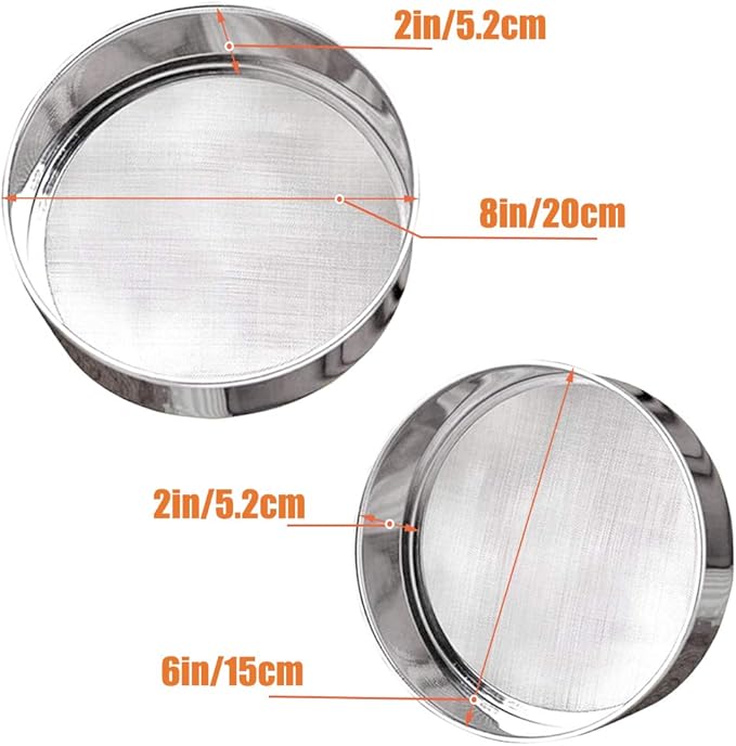 2 Pack Flour Sifter,Stainless Steel Fine Mesh Strainers Flour Sieve,60 Mesh Round Sifter for Baking Cake Bread (6-Inch and 8-Inch)