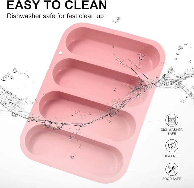 2 Pack Silicone Hot Dog Bun Pans, 6x9 Inch Non-Stick Baking Mold – Perfect for Homemade Hotdog Buns, Mini Baguettes & Rolls – Dishwasher Safe, 4-Cup Capacity (Pink)