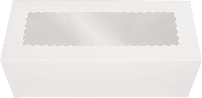 O'CREME White Rectangular Cake Box 14 Inch x 6 Inch x 5 Inch High with Scalloped Window - Pack of 25