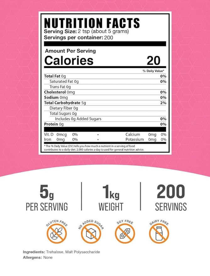BulkSupplements.com Trehalose Powder - Natural Sweetener, Trehalose Sugar Substitute - Vegan & Gluten Free, 5g per Serving, 1kg (2.2 lbs) (Pack of 1)