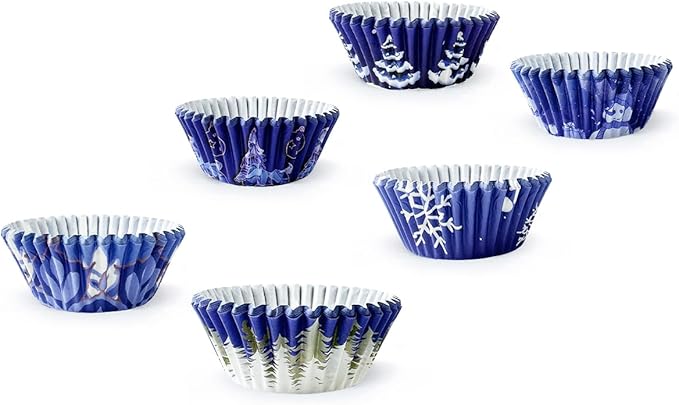 qiqee Christmas Cupcake Liners Mini 300PCS Gradient Bue Cupcake Cups 6 Designs Cupcake Papers Baking Cups Wrappers For Holiday Party Supply (Small Size)