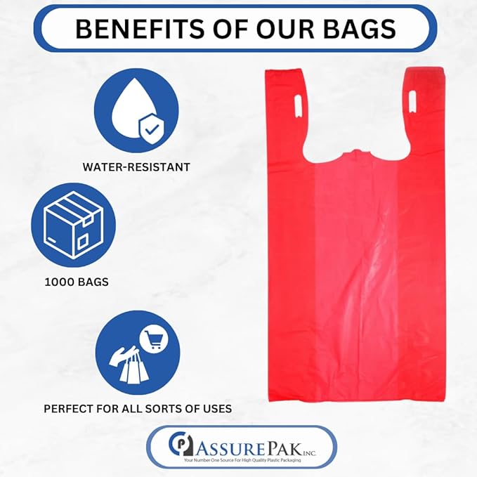 ASSUREPAK Easy Open - 1000 Bags - Colored Unprinted HDPE T-Shirt Bags - 1/6 BBL 11.5"X6"X21" - 13 microns - Red - Perfect for Groceries, Shopping and Retail Stores LOOP-RED-EO