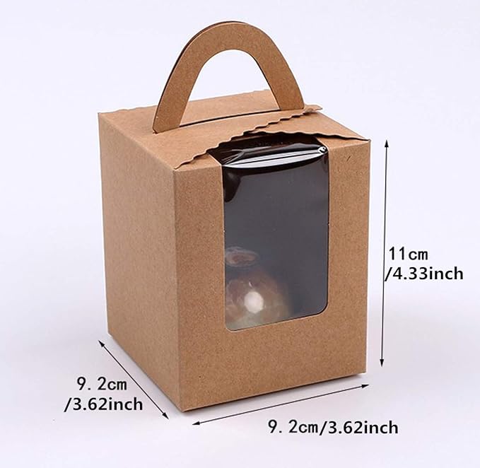 ihomecooker 25 Pcs Single White Cupcakes Containers Gift Boxes with Window Inserts Handle for Wedding Candy Boxes (25P-Handle-Brown)