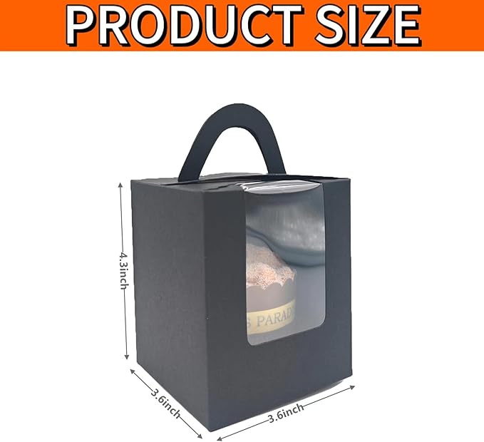50-Set Individual Cupcake Boxes Bulk with Clear Display Window, Disposable Food Grade Black Cupcake Carrier Cupcake Container, Perfect for Cupcakes Muffins Cookies Pastries
