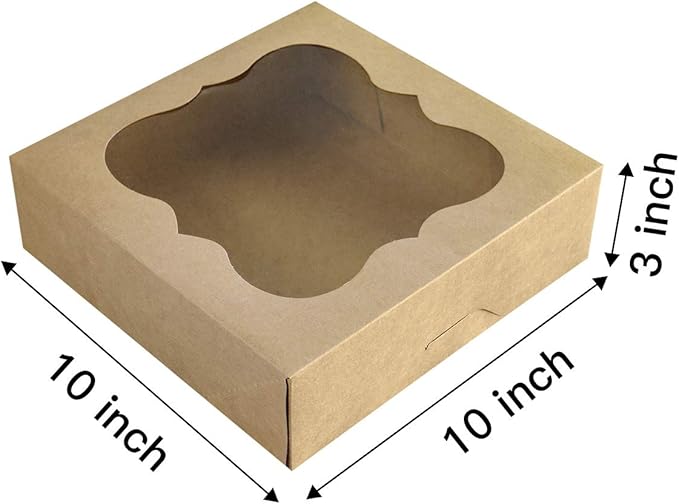CHERRY 15-Pack 10"x10"x3"Brown Bakery Boxes with PVC Window for Pie and Cookies Boxes Small Natural Kraft Paper Box 10x10x3inch Pack of 15