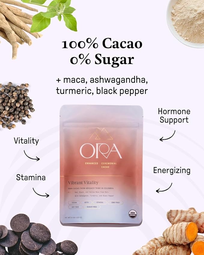 ORA Ceremonial Cacao - Vibrant Vitality - Organic 100% Cacao with Maca, Ashwagandha, Turmeric - Ethical - High Flavanol - Unsweetened - Heavy Metals Tested - 16oz