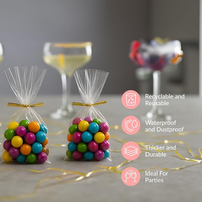 Prestee 200 Pack Clear Plastic Cellophane Gift Bags [3x4] with 4" Twist Ties, Candy, Cookie, Treat Bags (Pack of 200)
