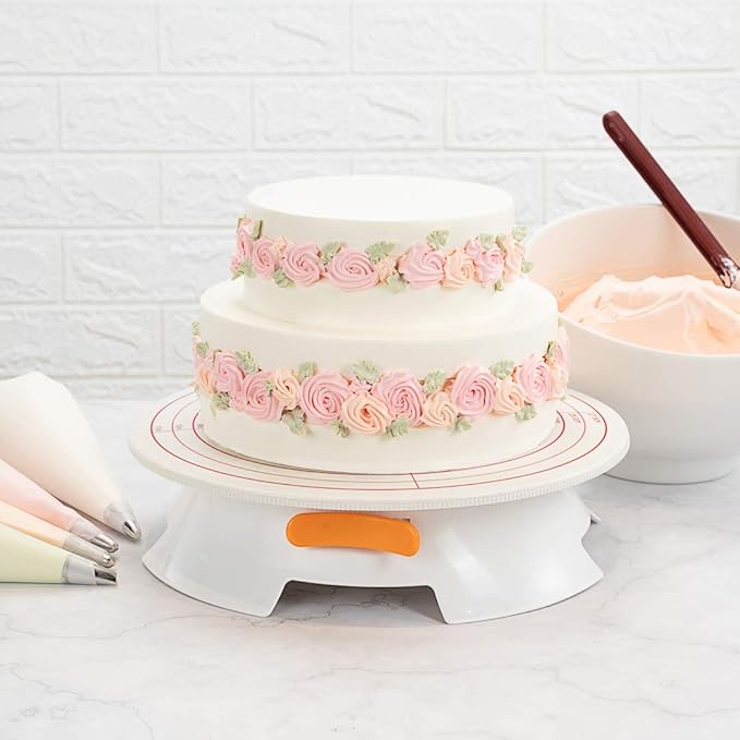 Restaurantware Pastry Tek 12 Inch Cake Turntable 1 Sturdy Rotating Cake Stand - Non-Slip Base With Locking Switch White Plastic Spinning Cake Stand For Decorating Cakes Cupcakes or Pastries