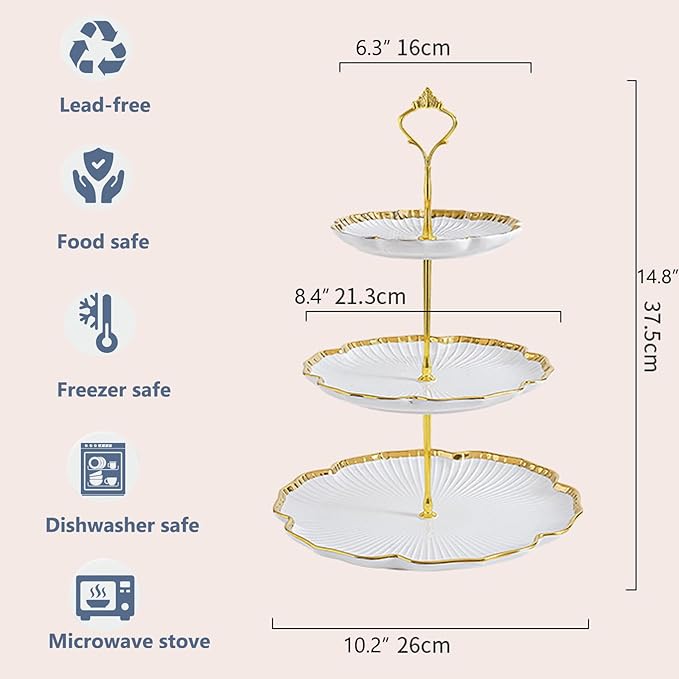 3 Tier Porcelain Serving Tray with Elegant Floral Gold Trim - Embossed Food Grade Tiered Cupcake Stand - Serving Stand for Parties & Weddings & Baby Showers