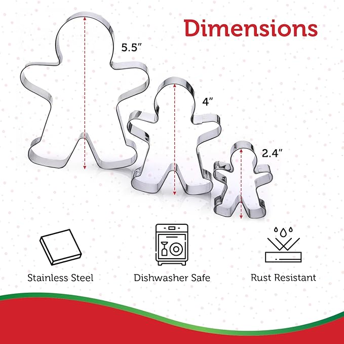 Gingerbread Man Cookie Cutter Set (Gingerbread Man 3 Piece), Premium Food-Grade Stainless Steel, Dishwasher Safe