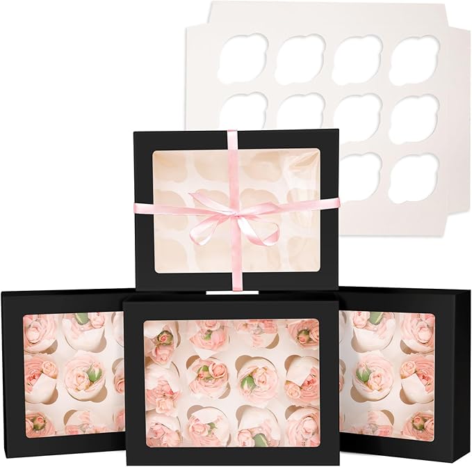 12 Cupcake Containers 20-Packs Black Cupcake Box Cupcakes Carrier, 12 Cupcake Boxes with Window 13"x10"x3.5"（Auto-pop up）