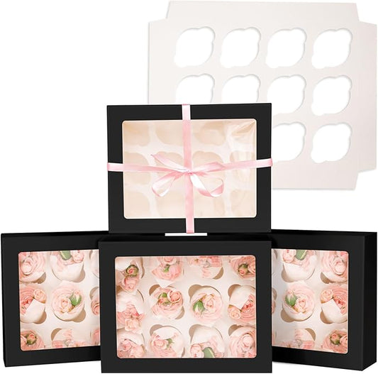 12 Cupcake Containers 20-Packs Black Cupcake Box Cupcakes Carrier, 12 Cupcake Boxes with Window 13"x10"x3.5"（Auto-pop up）