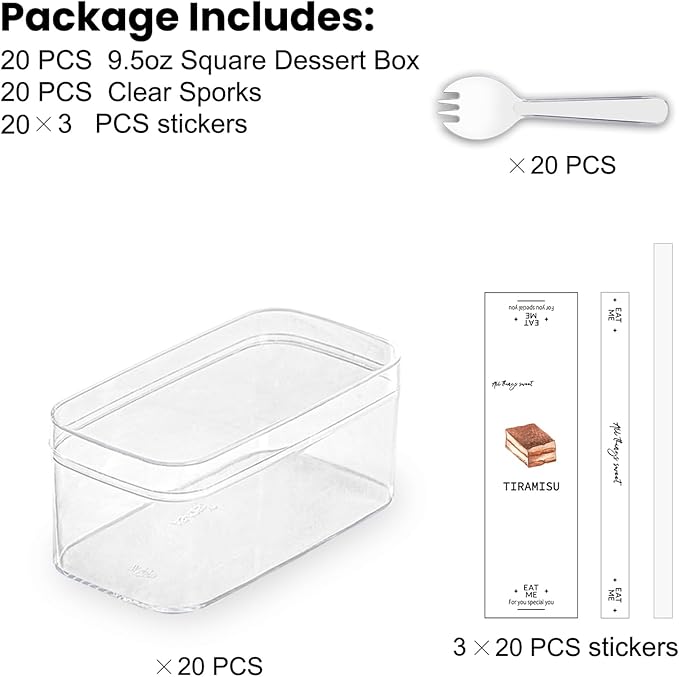 Plastic Rectangle Dessert Cups Boxes with Lids and Sporks,packaging for baked,Cookie Tiramisu Containers for Fruit,Pudding,Mousse,Parfait Cups With Lids(20, Rect 4.6*2.4*2 IN-Boxes+Sporks+stickers)