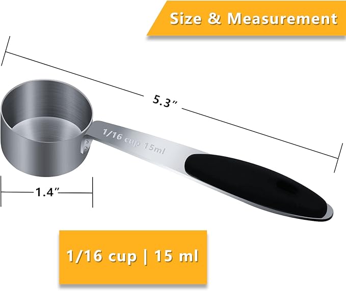 1PCS 1/16Cup (15ml, 1/2oz) Single Measuring Cup with Black Silicone Grip, Stainless Steel Individual Measure Scoop Only