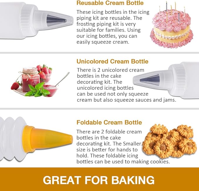 Icing Bottles with Stainless Steel Icing Tips (4 pcs) - Foldable & Unicolored Bottles, Cake Decorating Kit with 3 Piping Tips, White, Yellow