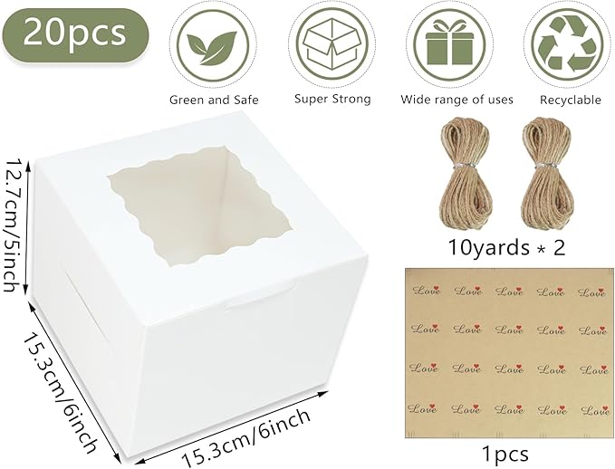 20 pcs Cake Boxes 6x6x5Inch Bakery Boxes with Window White Cupcake Boxes