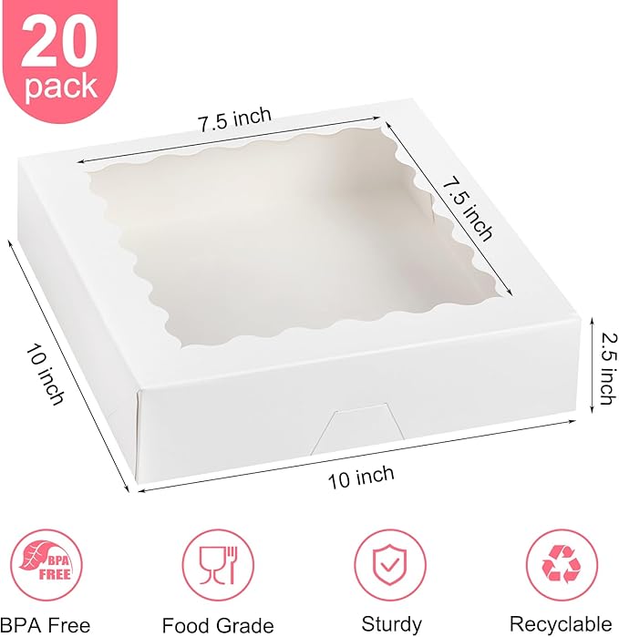 Kucoele 20 PCS Pie Boxes, 10 x 10 x 2.5 Inches Bakery Boxes with Window, Auto-Popup Cookie Boxes White Treat Boxes for Chocolate Strawberries, Pastries, Muffins, Donuts