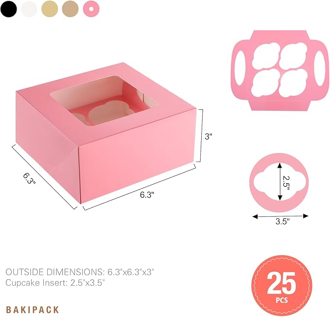 25 Pink Cupcake Boxes, 4 Count Cupcake Containers with Window and Inserts, 6.3×6.3×3 Inches Cupcake Holders for Cupcakes, Muffins, Cookies, Desserts, Pastries