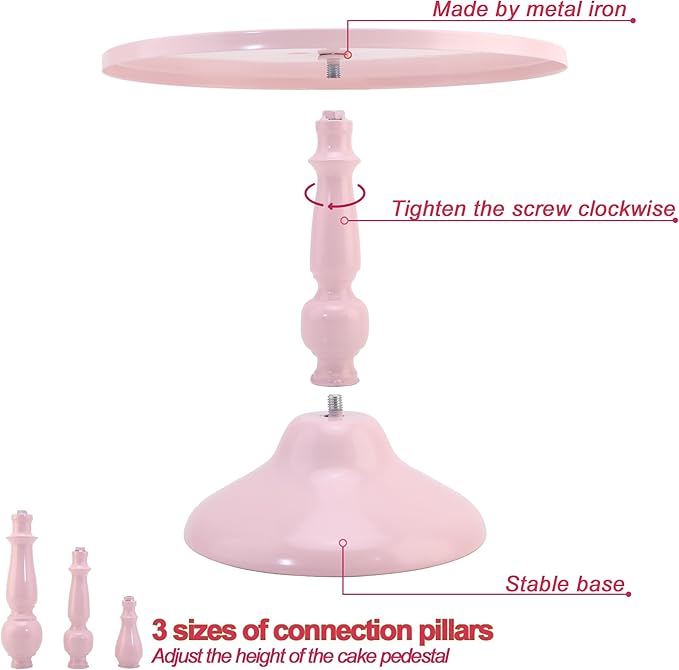 Set of 3 Pink Cake Stands, QENUIITEA Metal Round Cake Holder Dessert Pie Pizza Display Stand 8" 10" 12" Serving Tray Decoration for Wedding Celebration Party Birthday Baby Shower