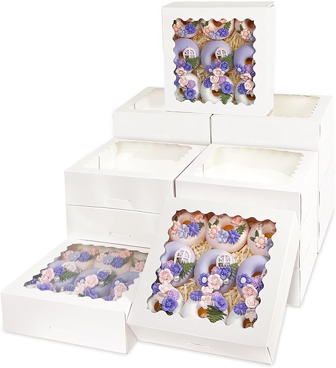 Bakepacker 55pcs White Pie Boxes 8x8x2.5 inches Easy Assemble Macaroon Bakery Boxes Cookie Boxes with Window for Bakery (Auto-pop Up)
