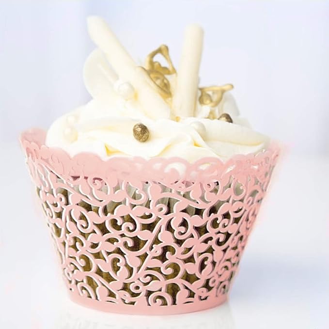 GOLF 100Pcs Cupcake Wrappers Artistic Bake Cake Paper Filigree Little Vine Lace Laser Cut Liner Baking Cup Wraps Muffin CaseTrays for Wedding Party Birthday Decoration (Pink)