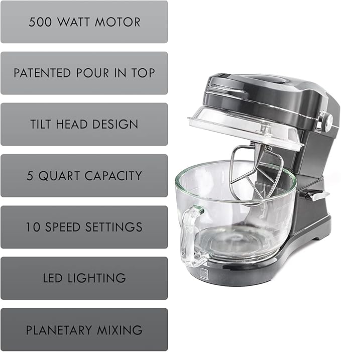Kenmore 500W Oviation Stand Mixer - 10 Speed Mixing, Tilt-Head, 5QT Handheld Glass Bowl With Pouring Top Splash Guard, Flat Beater, Whisk, Dough Hook Attachments Countertop Kitchen Appliance, Grey