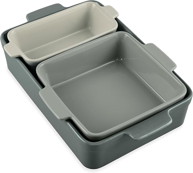Best Choice Products Set of 3 Large Serving Trays, Party Platters and Ceramic Non-Stick Bakeware For Appetizers, Charcuterie, Snack, Dessert, Casserole, Sour Dough Bread Loaf - French Gray
