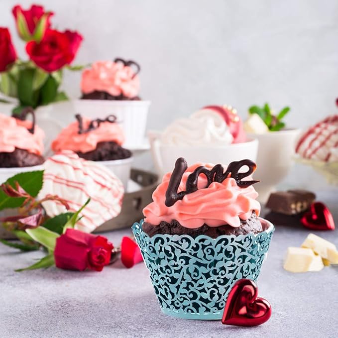 GOLF 100Pcs Cupcake Wrappers Artistic Bake Cake Paper Filigree Little Vine Lace Laser Cut Liner Baking Cup Wraps Muffin CaseTrays for Wedding Party Birthday Decoration (Blue)