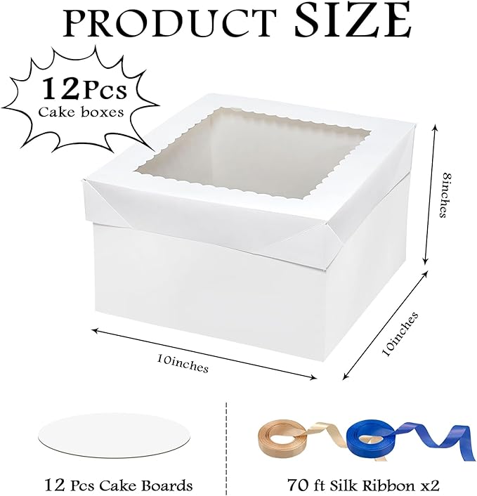 24PCS 10x10x8 Inches Cake Boxes with Cake Boards—（12Cake Boxes with window &12Cake Borads &70ft Silk RibbonX2） Large Square Baking Boxes for Christmas,Birthday Party, Wedding, Valentine's Day