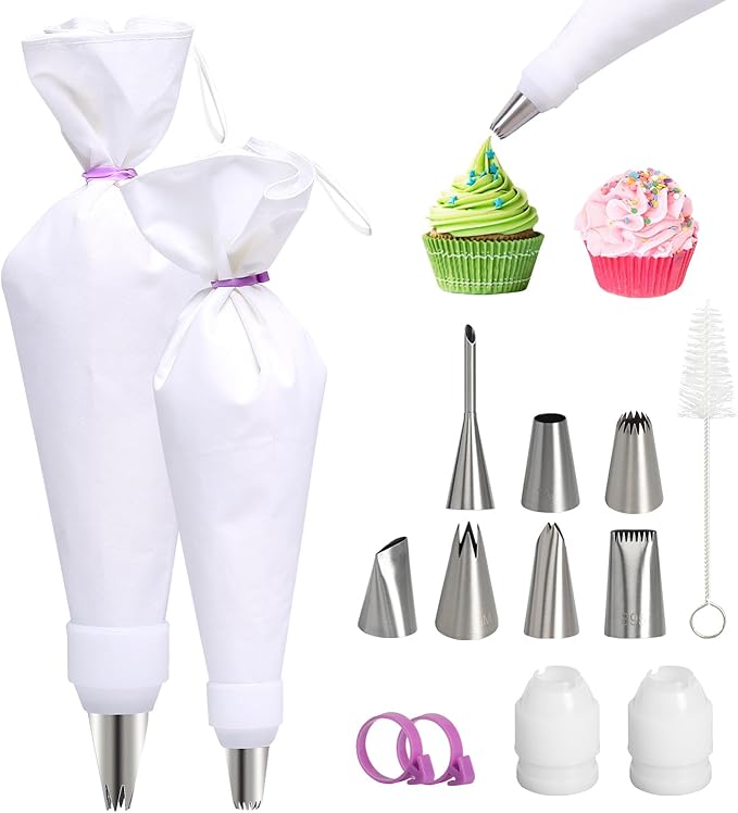 Reusable Cotton Piping Bags and Tips Set- 15pcs Frosting Piping Kit Cupcakes, Cookies | Durable Cotton Exterior, Easy to Clean, Eco-Friendly Baking Kit for Home Bakers & Chefs