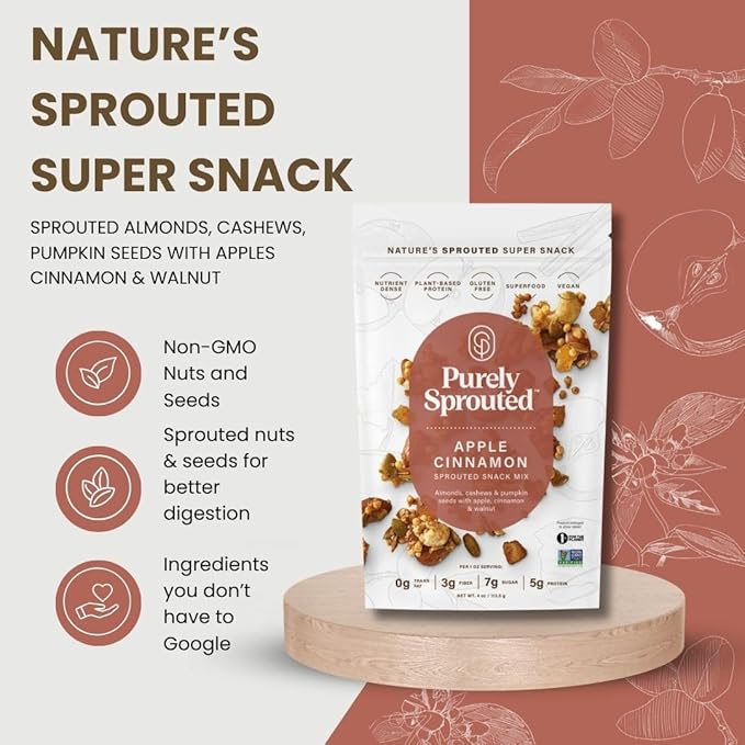 Purely Sprouted Apple Cinnamon Snack Mix - Almonds, Cashew Nuts & Pumpkin Seeds - Non-GMO, Plant-Based Protein, Gluten Free, Vegan, 4 oz