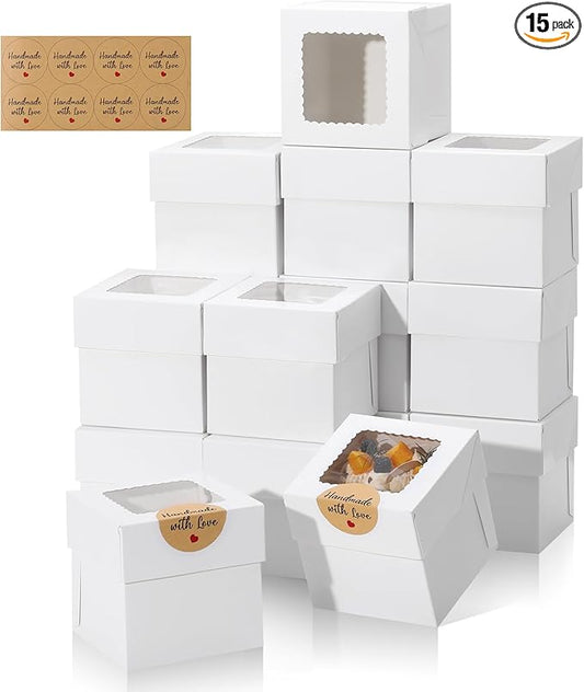 COTOPHER 15Pcs Mini Cake Boxes, 4x4x4 Inches Bakery Boxes with Window, Small Dessert Box Cake Packaging for Pastries, Cookies, Chocolates, Cupcakes, Birthday Party, Wedding