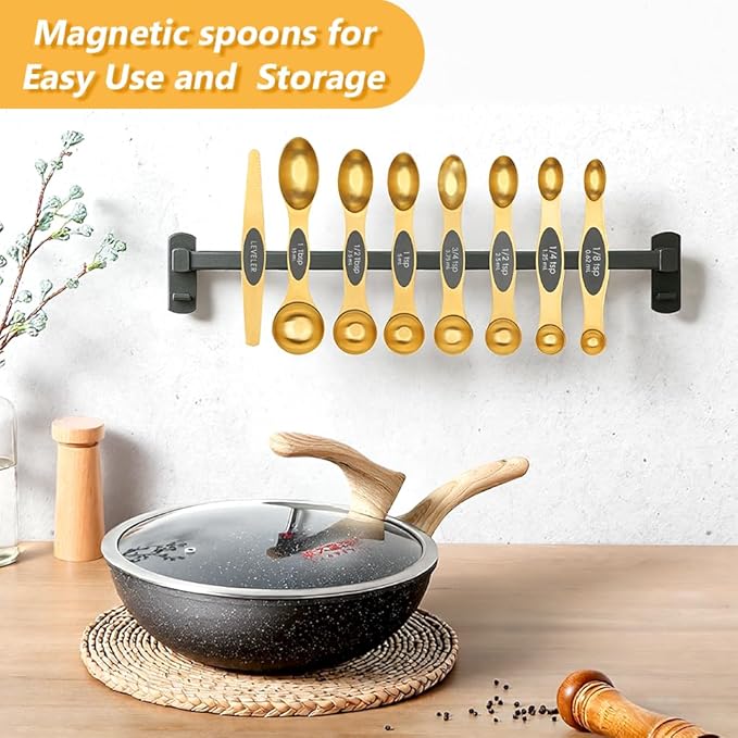 Gold Measuring Cups and Spoons, Set of 13, Including 8 Dual Sided Magnetic Measuring Spoons set with Leveler, 5 Measuring Cups, Stainless Steel Kitchen Gadgets for Liquid & Dry Ingredients