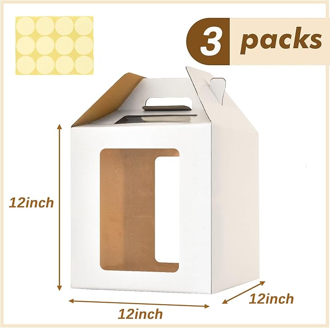 12x12x12 Inch Tall Cake Boxes with windows,10in 12in Tall Cake Carrier, Layer Cake Box,Large Tiered Cake Box,Durable White Bakery Box,Large cake box(3pack)