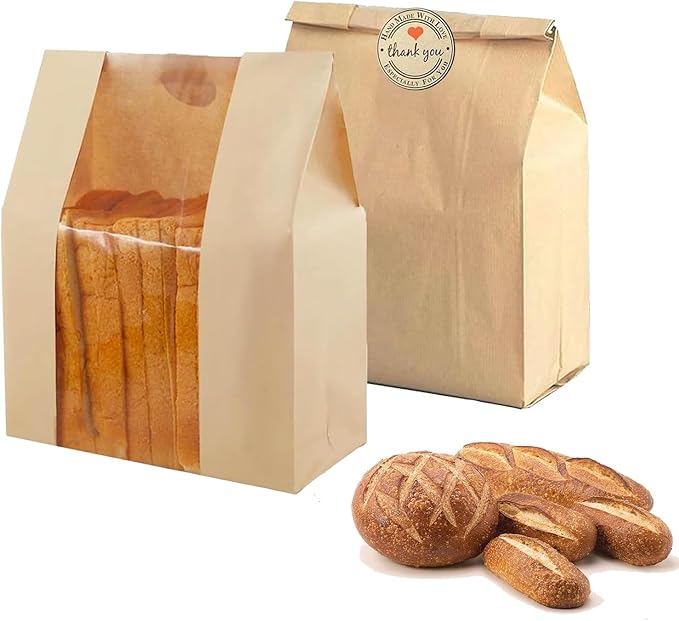 25 Pack Large Paper Sourdough Bread Bags for Homemade Gifting Bakery Bags with Window for Baked Food Packaging Storage Bags with Seal Stickers (11.8x8.2x3.5inch)
