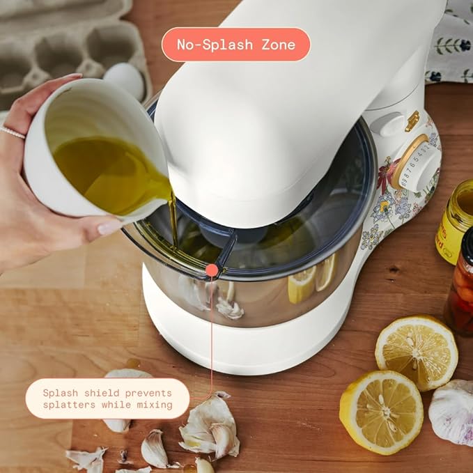 Beautiful 3.5QT 300W Stand Mixer with 12 Speeds, Tilt-Head, Splash Guard & Dishwasher-Safe Accessories, Soft Matte Finish Mixes Up to 5 Dozen Cookies, (Wildflower White Icing)