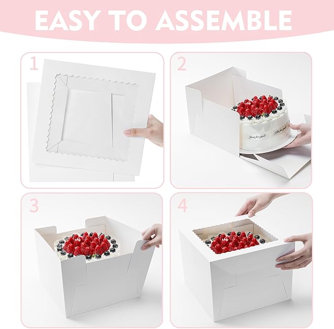 10 Pack Cake Boxes, 10x10x8 Inches Tall Cake Box with Cake Boards, White Bakery Boxes with Window, Disposable Cake Containers with Lids for Cake, Donuts, Pies, Cookies, Wedding, Birthday, Party