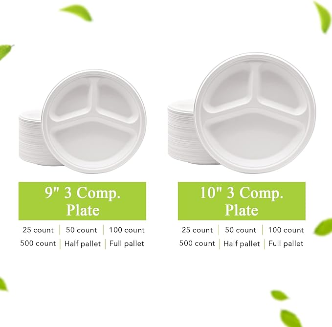 three leaf 10" 3 COMPARTMENT BAGASSE ROUND PLATE, 50 Ct. Heavy-Duty- Super Strong- Natural- Eco-Friendly Disposable Bagasse Plates, 100% Biodegradable 10 inch 3 compartment plates