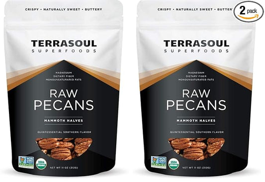 Terrasoul Superfoods Organic Pecans, 11 Oz (Pack of 2) - Mammoth Halves | Fresh | Raw